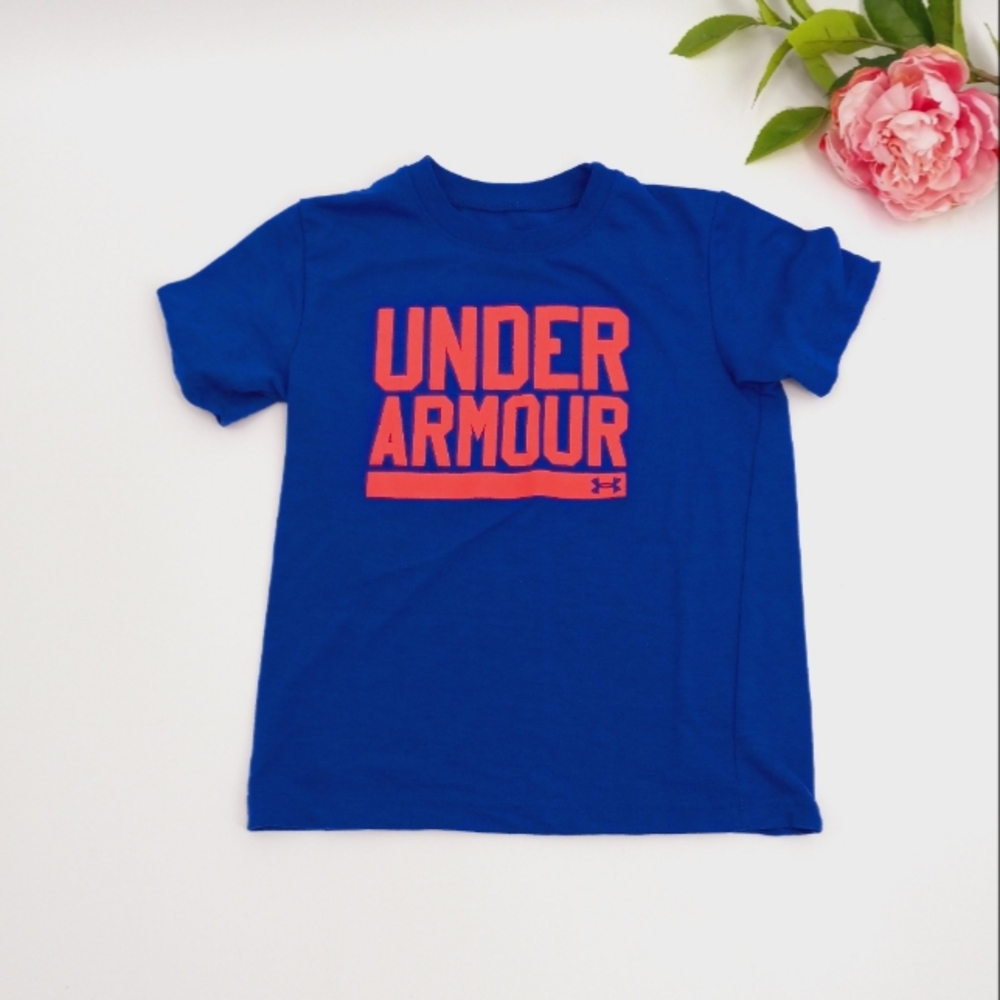 UNDER ARMOUR Heat Gear Royal Blue Athletic Tee Shirt Neon Pink Brand Spellout 5